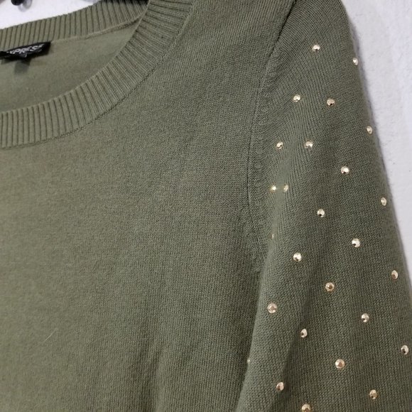 Womens EXPRESS Crew Neck Embellished Sleeve Fitted Sweater Olive Green Sz XS - Picture 3 of 5